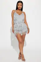 Sparkling Sequin Mini Dress with V-Neck & Fringe Detail – Adjustable Straps in Pink or Silver(Silver,XS)
