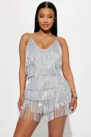 Sparkling Sequin Mini Dress with V-Neck & Fringe Detail – Adjustable Straps in Pink or Silver