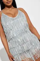 Sparkling Sequin Mini Dress with V-Neck & Fringe Detail – Adjustable Straps in Pink or Silver(Silver,XS)