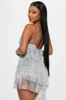 Sparkling Sequin Mini Dress with V-Neck & Fringe Detail – Adjustable Straps in Pink or Silver(Silver,XS)