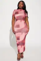 Stylish Printed Mesh Maxi Dress - Mock Neckline & Short Sleeves (Purple/Combo & Red/Combo)(Red/combo,S)