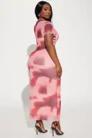 Stylish Printed Mesh Maxi Dress - Mock Neckline & Short Sleeves (Purple/Combo & Red/Combo)(Red/combo,S)