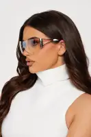 Clear Shield Frame Rimless Rhinestone Trim Cut Out Temple Sunglasses