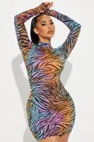 Sexy Animal Print Mesh Mini Dress - Long Sleeve Mock Neck, Stretchy & Comfortable (Pink/Combo, 33 Length)