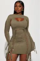 Stylish Suede Mini Dress Set with Cut-Out & Lace-Up Details – Tan & Black(Olive,XS)