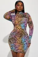Sexy Animal Print Mesh Mini Dress - Long Sleeve Mock Neck, Stretchy & Comfortable (Pink/Combo, 33 Length)(Pink/combo,XS)