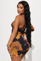 Sexy One Shoulder Mesh Mini Dress with Ruched Detail & Open Back - Orange/Combo(Orange/combo,XS)