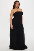 Elegant Strapless Chiffon Gown with Asymmetrical Hem & Pleated Detail – Black & Orange(Black,XS)