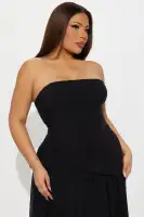 Elegant Strapless Chiffon Gown with Asymmetrical Hem & Pleated Detail – Black & Orange(Black,XS)