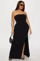 Elegant Black Maxi Tube Dress with High Slit & Strapless Design – Stretchy Polyester Blend(Black,XS)