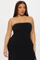 Elegant Black Maxi Tube Dress with High Slit & Strapless Design – Stretchy Polyester Blend(Black,XS)
