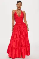Elegant Red Maxi Dress with V-Neckline & Adjustable Straps – Cross Back & Elastic Waist