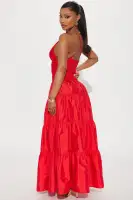 Elegant Red Maxi Dress with V-Neckline & Adjustable Straps – Cross Back & Elastic Waist(Red,XS)