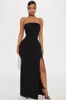 Elegant Black Maxi Tube Dress with High Slit & Strapless Design – Stretchy Polyester Blend