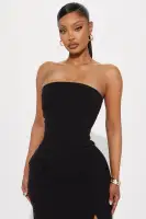 Elegant Black Maxi Tube Dress with High Slit & Strapless Design – Stretchy Polyester Blend(Black,XS)