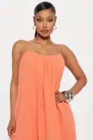 Stylish Cotton Midi Dress with Adjustable Straps & Pockets - Multiple Colors(Orange,XS)