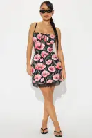 Floral Mini Dress with Lace Trim & Tie Front - Adjustable Straps, Back Lace-Up, 98% Cotton(Black/Pink,XS)