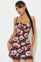 Floral Mini Dress with Lace Trim & Tie Front - Adjustable Straps, Back Lace-Up, 98% Cotton