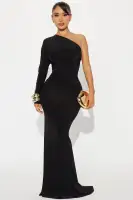 Elegant One-Shoulder Backless Maxi Dress - Stretchy Ruched Long Sleeve in Black & Chartreuse