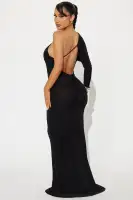 Elegant One-Shoulder Backless Maxi Dress - Stretchy Ruched Long Sleeve in Black & Chartreuse(Black,XS)