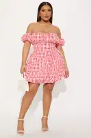 Red Gingham Off-Shoulder Bubble Mini Dress with Tie Front & Corset Waist – Summer Chic(Red,XS)