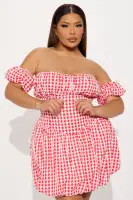 Red Gingham Off-Shoulder Bubble Mini Dress with Tie Front & Corset Waist – Summer Chic(Red,XS)