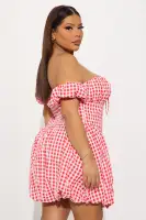 Red Gingham Off-Shoulder Bubble Mini Dress with Tie Front & Corset Waist – Summer Chic(Red,XS)