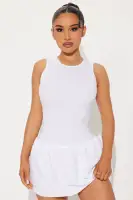 Stylish Ribbed Mini Dress - High Neckline & Ruffle Skirt - Black/White - Cotton Blend Stretch Fabric