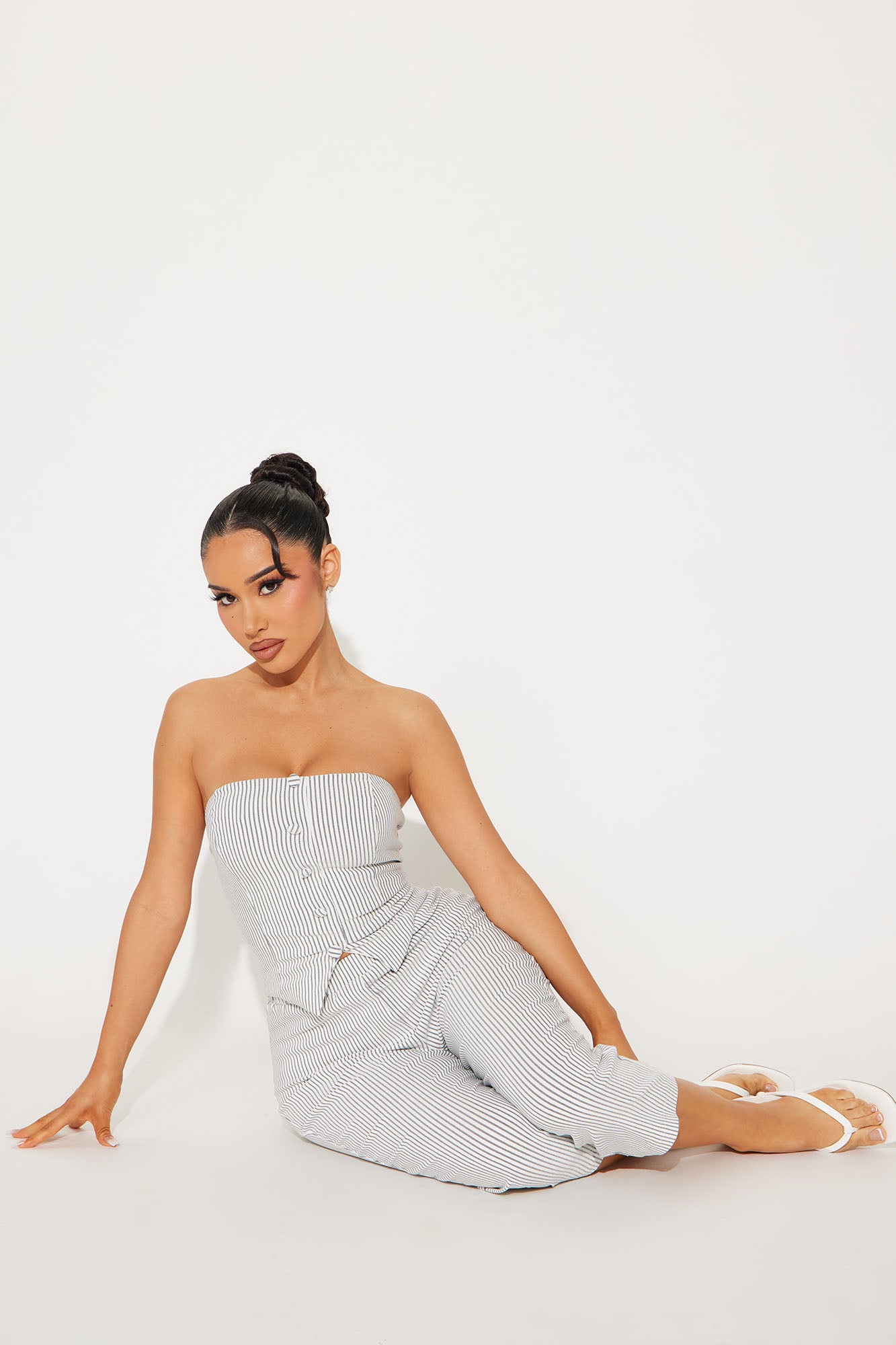 Capri Strapless Button-Front Jumpsuit Stretch Inseam Wide Leg Imported