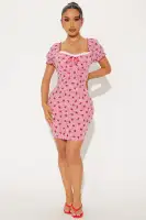 Red Gingham Mini Dress with Sweetheart Neckline & Puff Sleeves – Tie Front & Lace Trim(Red,XS)