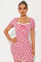 Red Gingham Mini Dress with Sweetheart Neckline & Puff Sleeves – Tie Front & Lace Trim