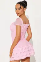 Sexy Mesh Mini Dress with Sweetheart Neckline & Ruffle Trim - Black or Pink(Pink,XS)