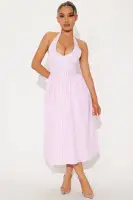 "Elegant Pink Gingham Midi Dress – V-Neck Halter with Ruched Smocked Waist, Lined & Stretchy, 46 Length, 100% Polyester