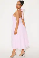 "Elegant Pink Gingham Midi Dress – V-Neck Halter with Ruched Smocked Waist, Lined & Stretchy, 46 Length, 100% Polyester(Pink,XS)