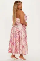 Elegant Pink Satin Midi Dress - V-Neck Halter Back with Zipper & Stretch Fit(Pink,XS)