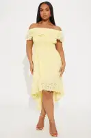 Chic Off-Shoulder High-Low Dress with Eyelet Trim - 100% Cotton in White & Yellow(Yellow,XS)