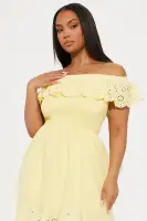 Chic Off-Shoulder High-Low Dress with Eyelet Trim - 100% Cotton in White & Yellow(Yellow,XS)