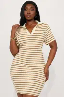 Stylish Striped Polo Mini Dress - Mocha & Navy Options - Stretchy & Comfortable(Mocha,XS)