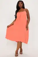 Stylish Cotton Midi Dress with Adjustable Straps & Pockets - Multiple Colors(Orange,XS)