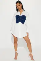 Vintage-Inspired White Poplin Shirt Mini Dress with Denim Corset – Long Sleeves & Button-Up Collar – 100% Cotton – Unique Wash Finish