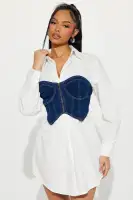 Vintage-Inspired White Poplin Shirt Mini Dress with Denim Corset – Long Sleeves & Button-Up Collar – 100% Cotton – Unique Wash Finish(White/combo,XS)