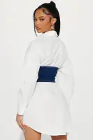 Vintage-Inspired White Poplin Shirt Mini Dress with Denim Corset – Long Sleeves & Button-Up Collar – 100% Cotton – Unique Wash Finish(White/combo,XS)
