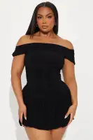 Sexy Black Off-Shoulder Mini Dress with Ruched Bubble Hem – Stretchy & Stylish(Black,XS)