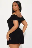 Sexy Black Off-Shoulder Mini Dress with Ruched Bubble Hem – Stretchy & Stylish(Black,XS)