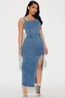 Light Wash Denim Maxi Dress with Adjustable Straps & High Slit – Square Neckline & Back Zipper