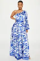 Elegant One Shoulder Satin Maxi Dress with Balloon Sleeves & High Slit - Blue/Combo