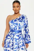Elegant One Shoulder Satin Maxi Dress with Balloon Sleeves & High Slit - Blue/Combo(Blue/combo,XS)