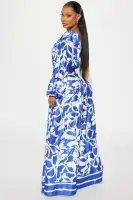 Elegant One Shoulder Satin Maxi Dress with Balloon Sleeves & High Slit - Blue/Combo(Blue/combo,XS)