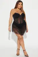 Sexy Black & Nude Embellished Mini Dress with Corset Waist & Snap Closure(Black,XS)