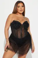 Sexy Black & Nude Embellished Mini Dress with Corset Waist & Snap Closure(Black,XS)